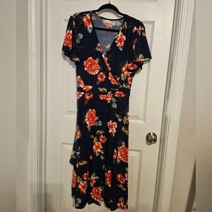 Kissmay Sz 16W women's plus size floral dress with flutter sleeves summer navy